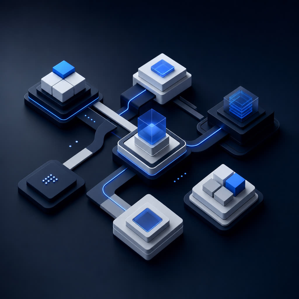 Abstract modular system of connected blocks in navy and blue